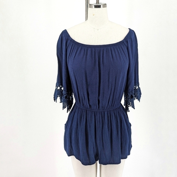 Ambiance Off Shoulder Romper Navy Blue S summer bohemian casual cottagecore - Picture 1 of 8